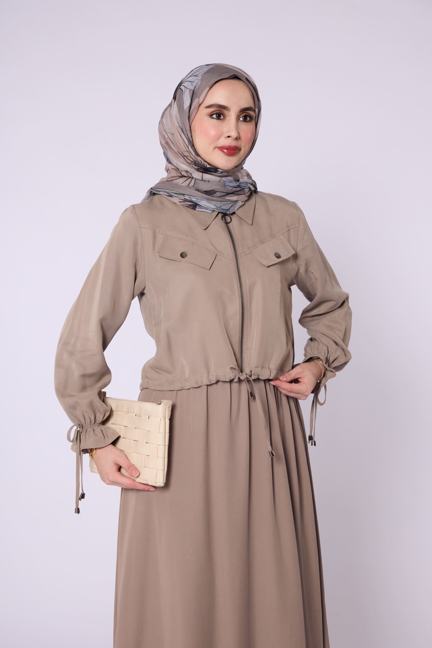 Polo Collar Ruched Detail Zip-Up Set