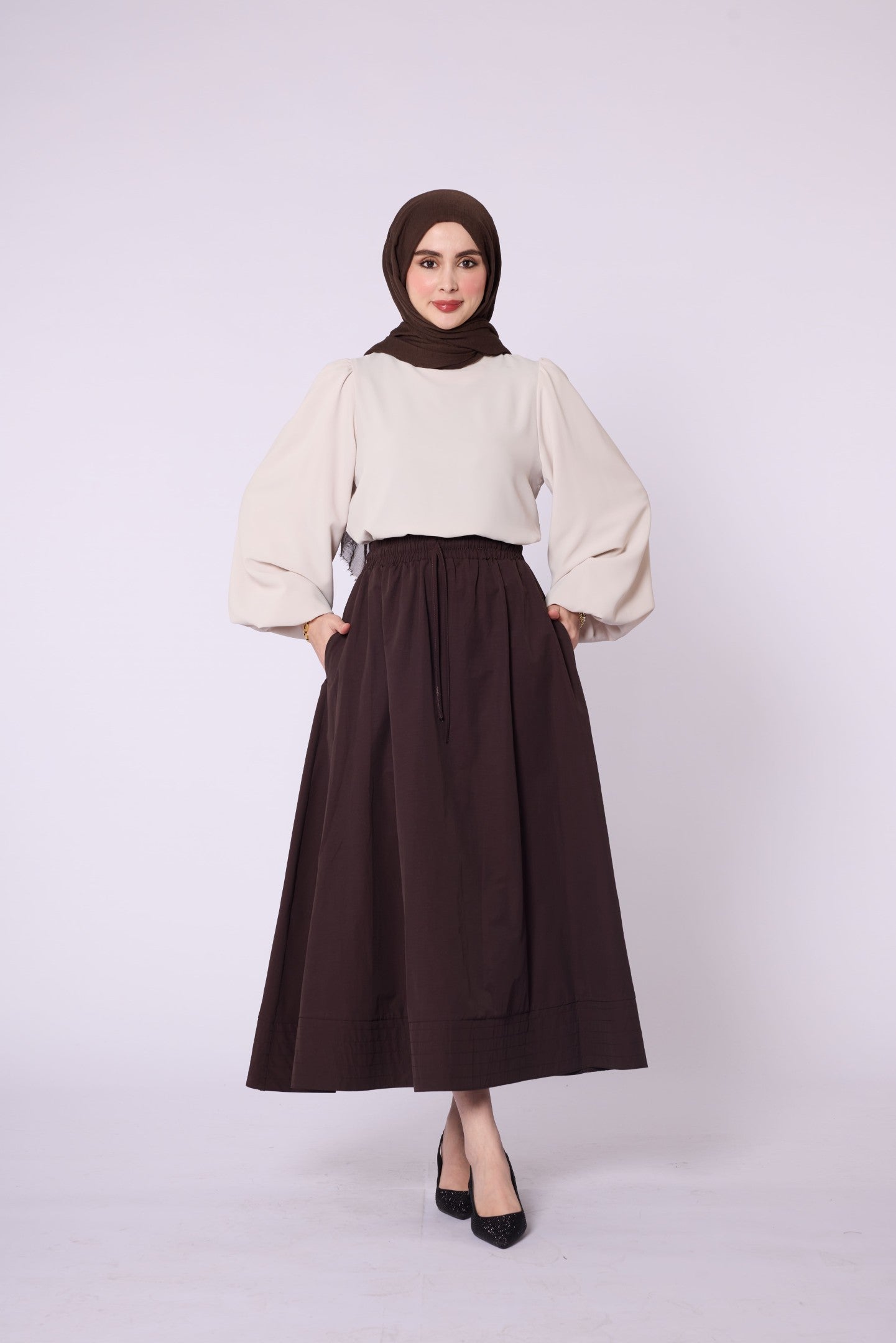 Stitch Detail Elastic Waist Flared Skirt