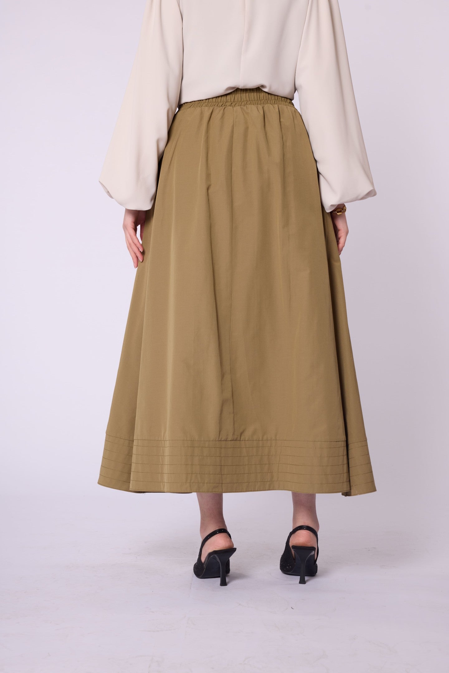 Stitch Detail Elastic Waist Flared Skirt