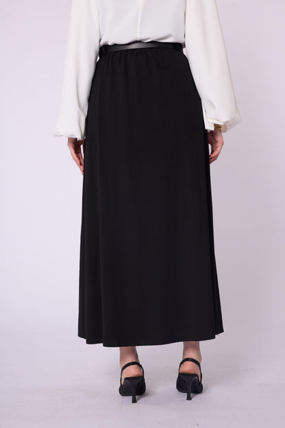 Belt & Pocket Detail Zip-Up Pleated Long Skirt