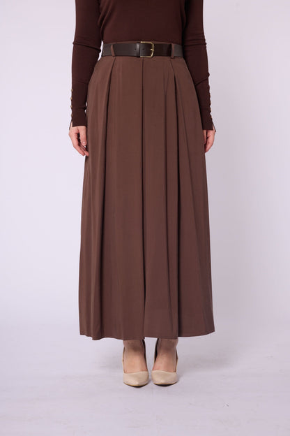 Belt & Pleat Detail Pocketed Long Skirt
