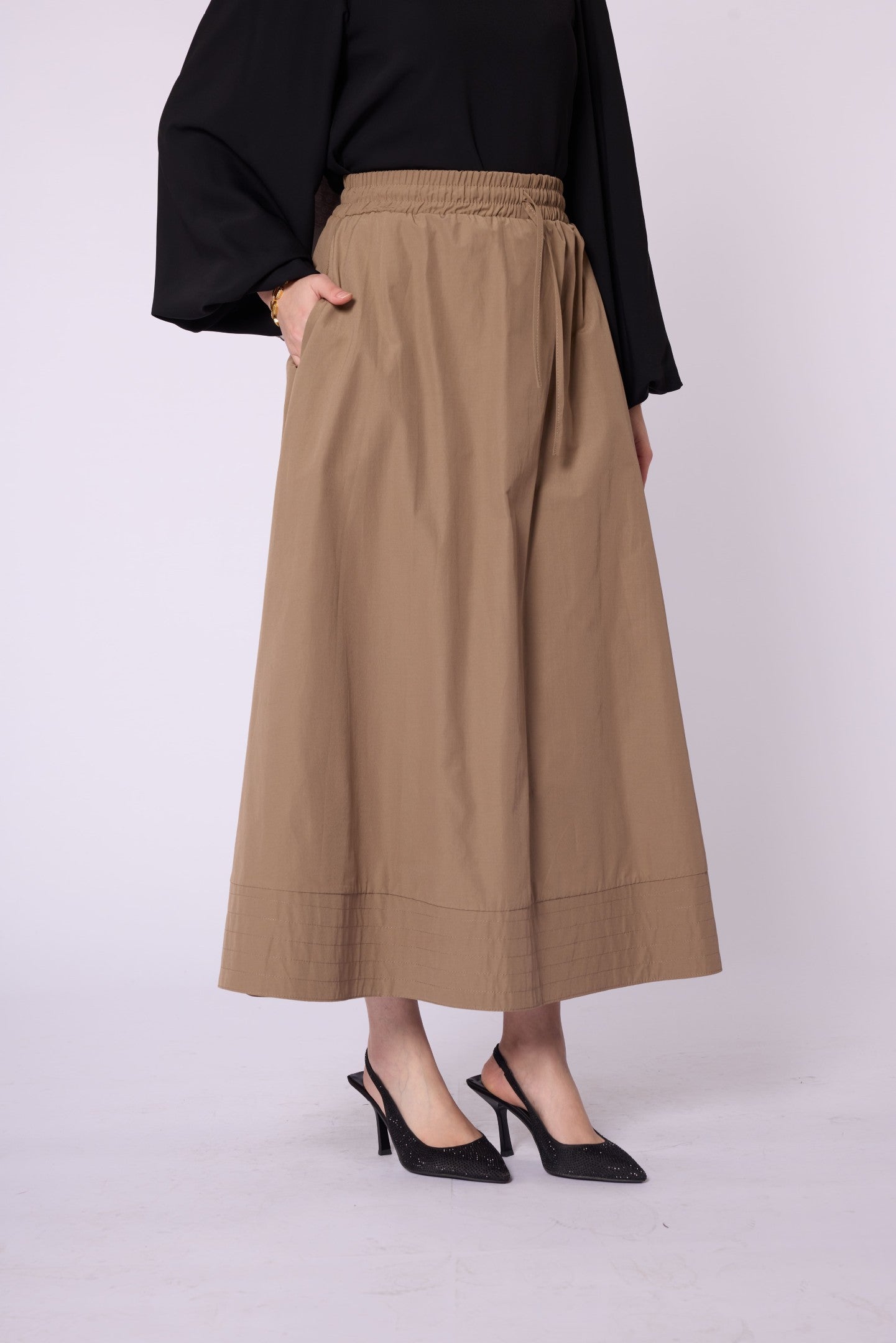Stitch Detail Elastic Waist Flared Skirt