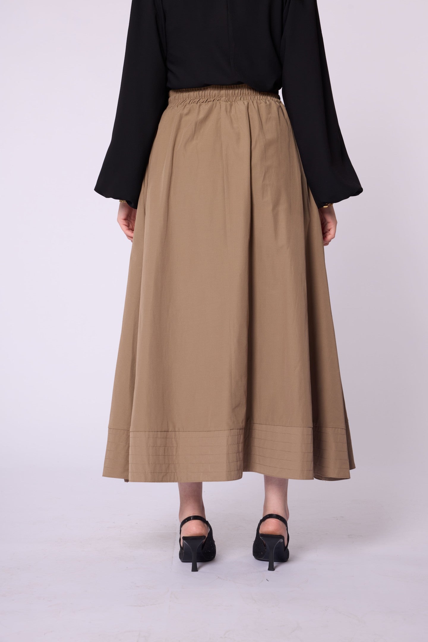 Stitch Detail Elastic Waist Flared Skirt