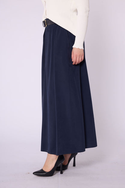 Belt & Pleat Detail Pocketed Long Skirt