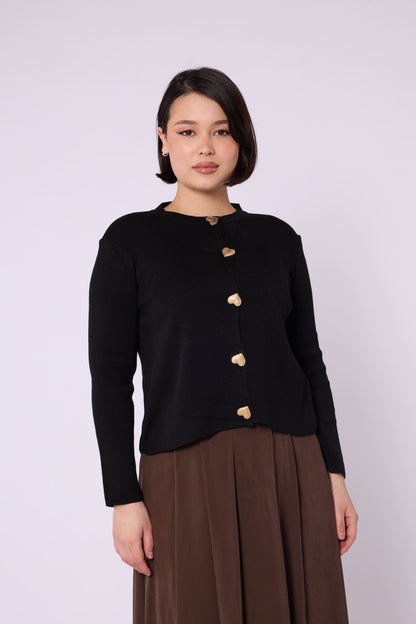 Heart Button Detail Crew Neck Knit Cardigan