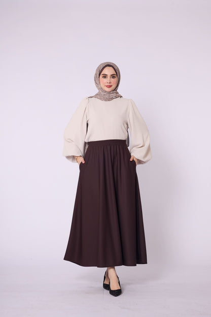 Pocket Detail Elastic Waist Plain A-Line Midi Skirt