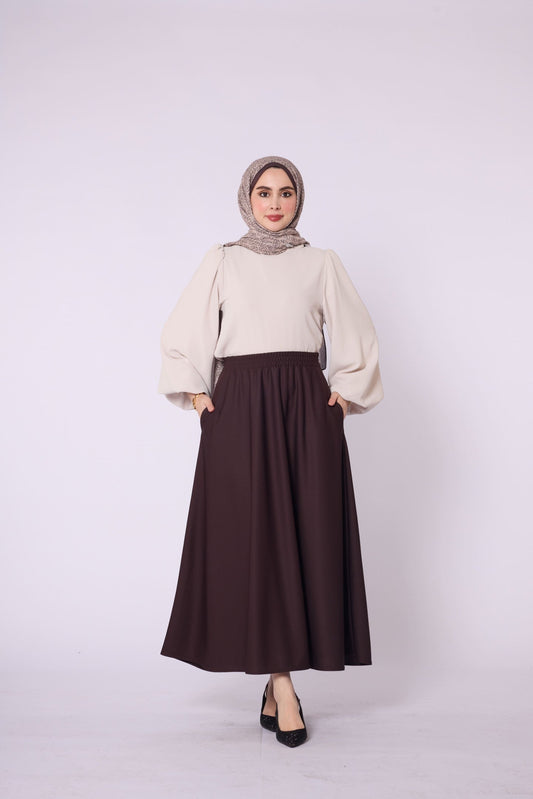 Pocket Detail Elastic Waist Plain A-Line Midi Skirt