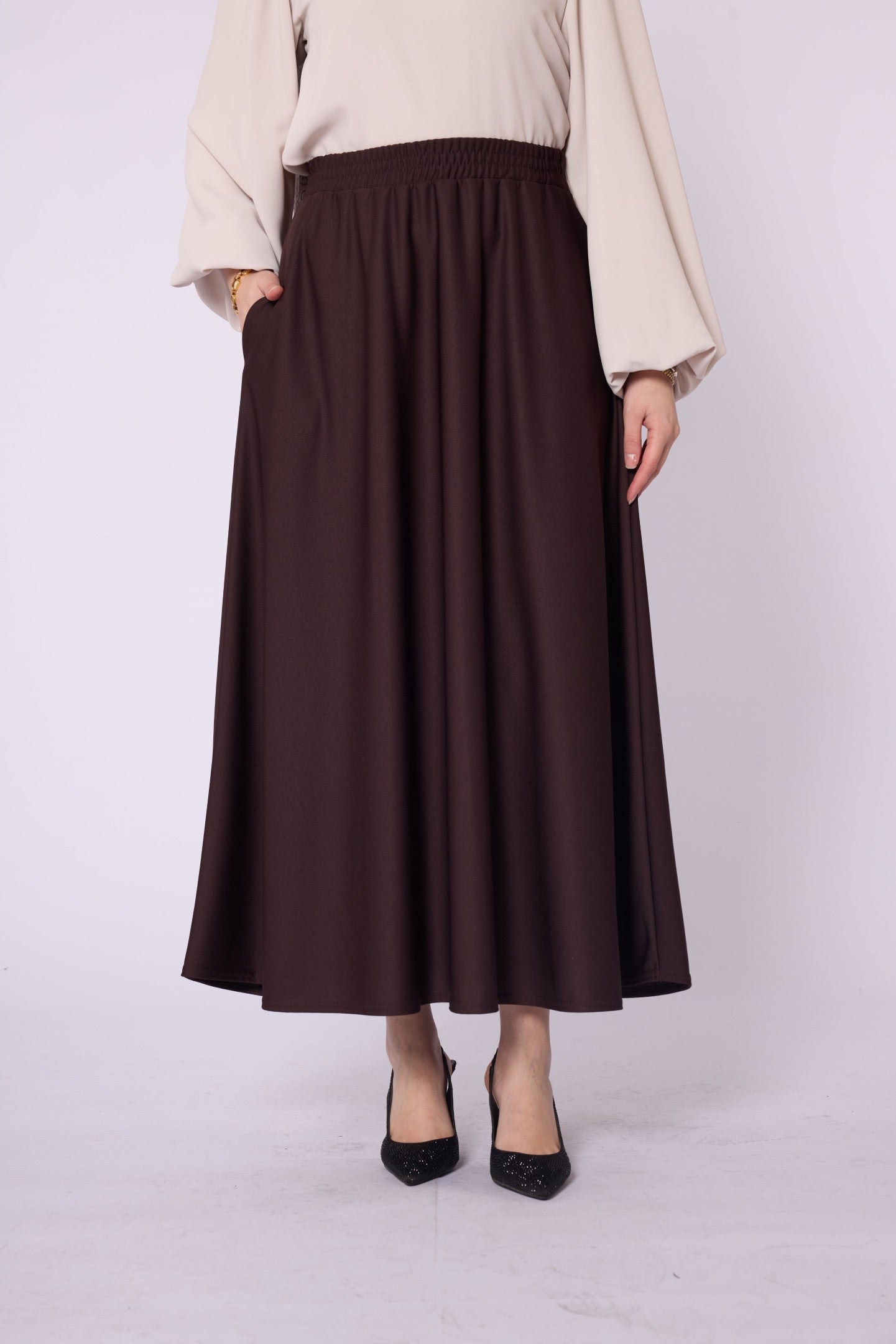 Pocket Detail Elastic Waist Plain A-Line Midi Skirt