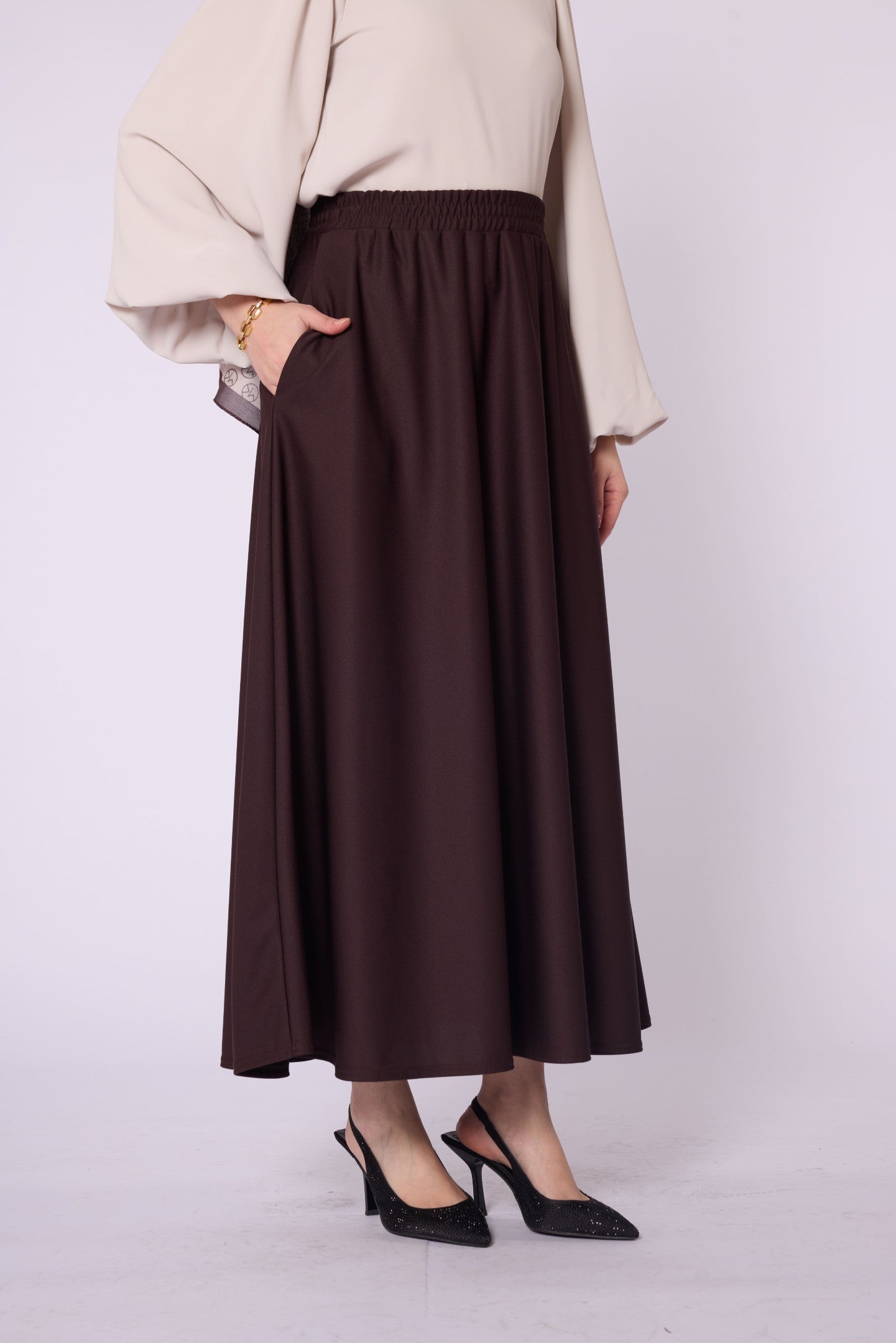 Pocket Detail Elastic Waist Plain A-Line Midi Skirt