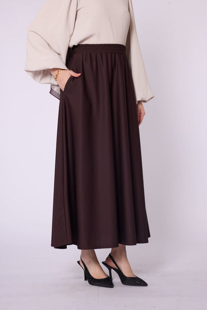 Pocket Detail Elastic Waist Plain A-Line Midi Skirt