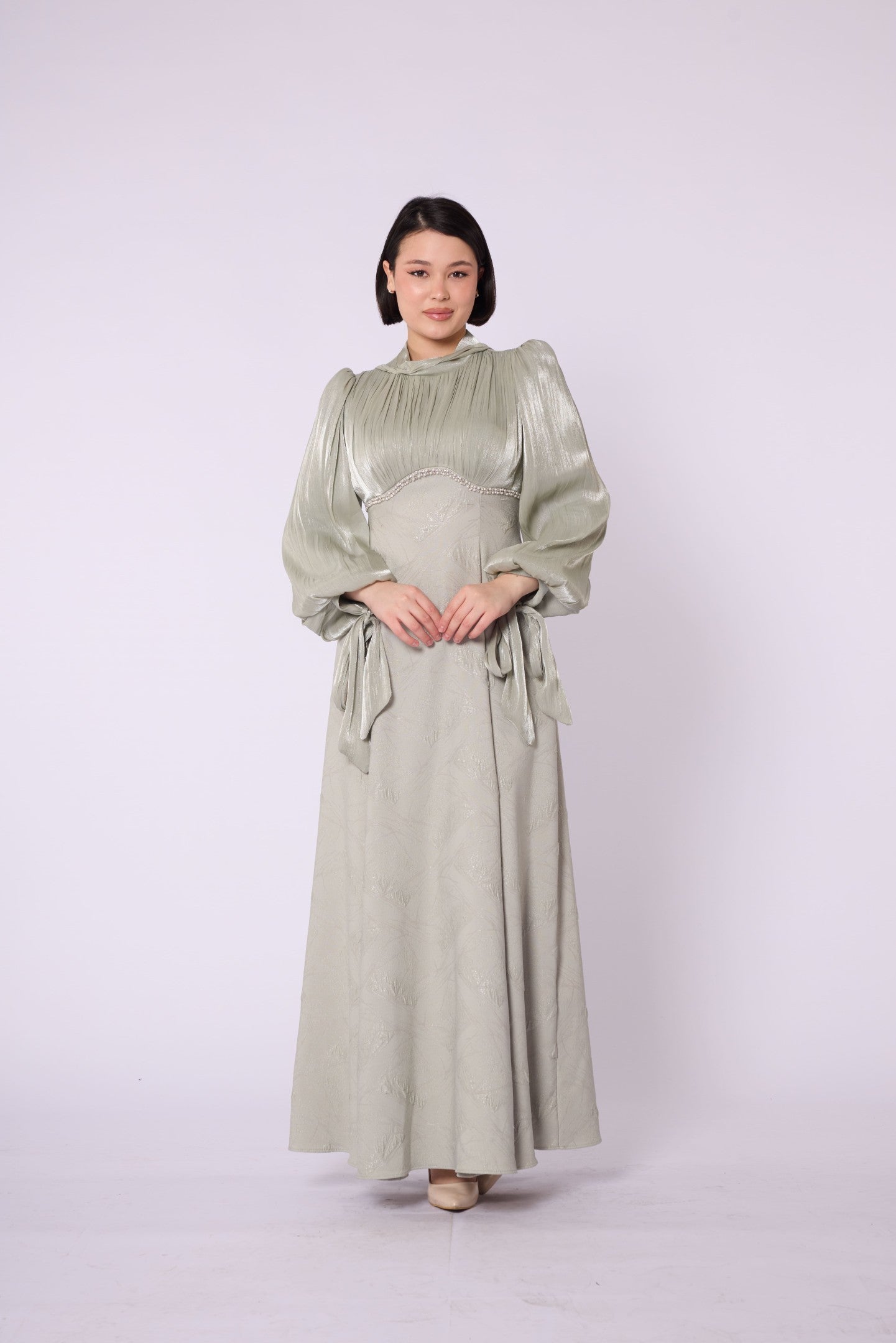 Patterned Embellished Chiffon Sleeve Detail Evening Dress