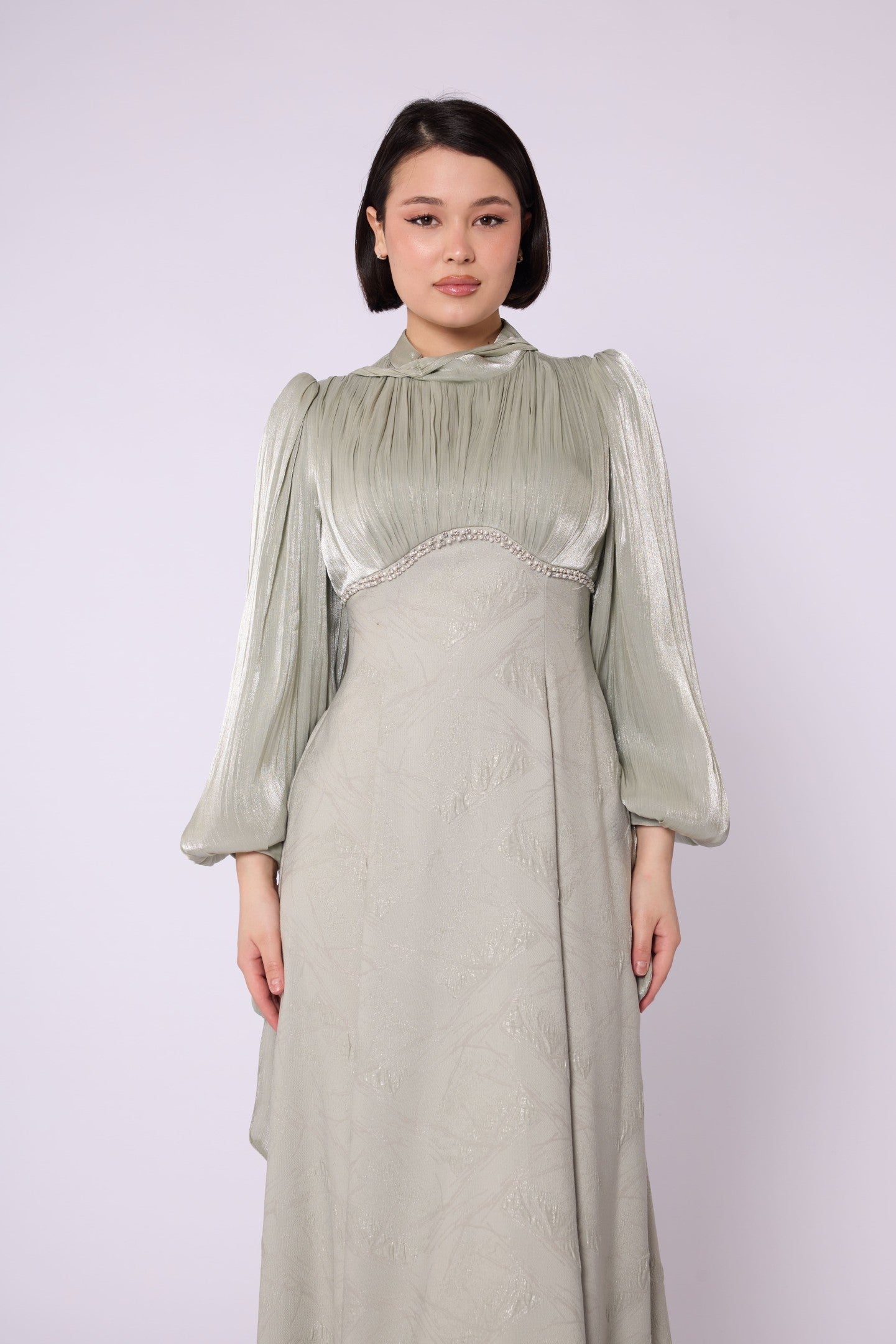 Patterned Embellished Chiffon Sleeve Detail Evening Dress
