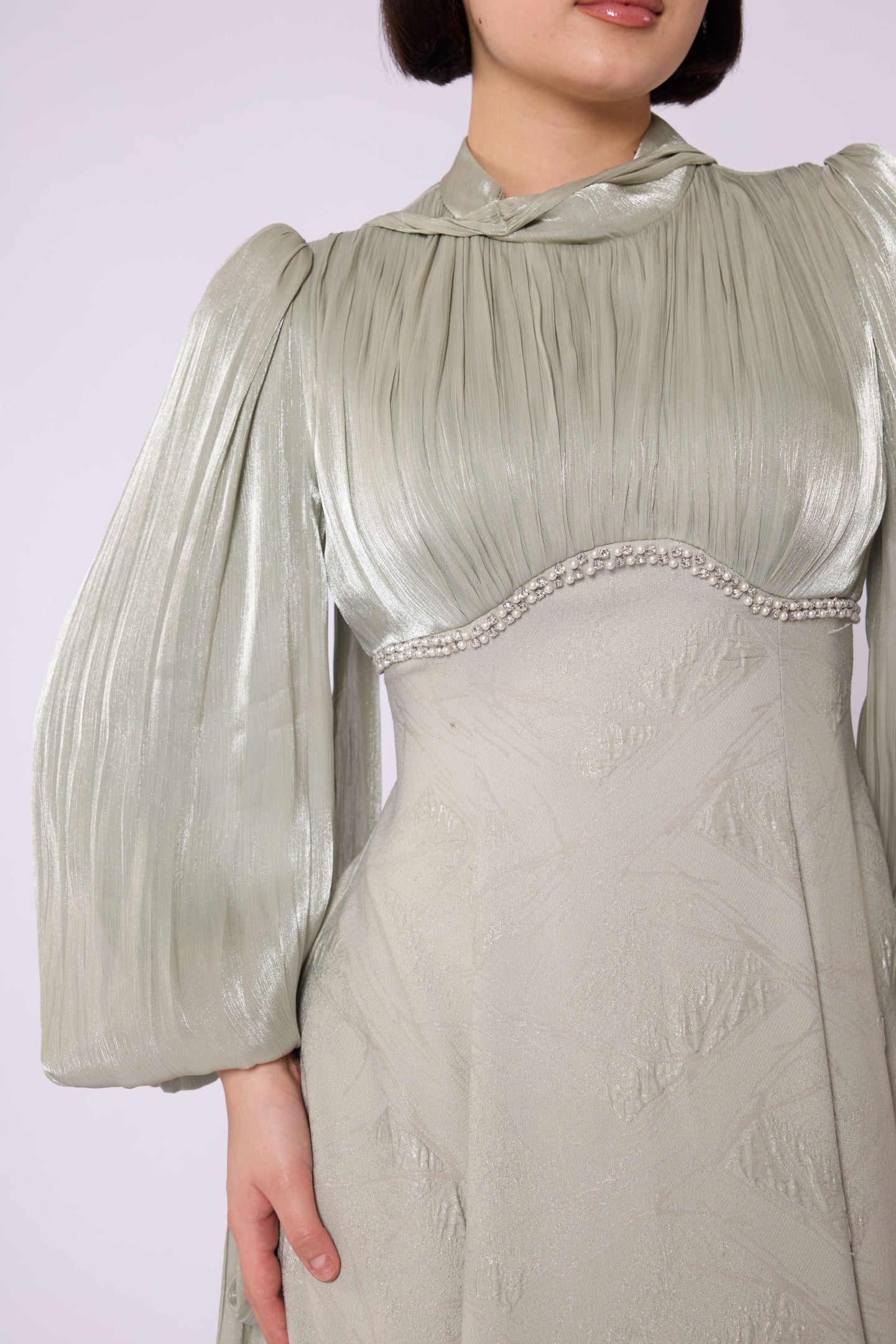Patterned Embellished Chiffon Sleeve Detail Evening Dress