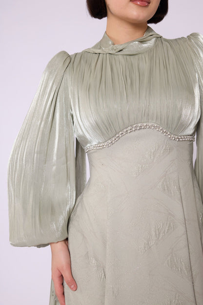 Patterned Embellished Chiffon Sleeve Detail Evening Dress