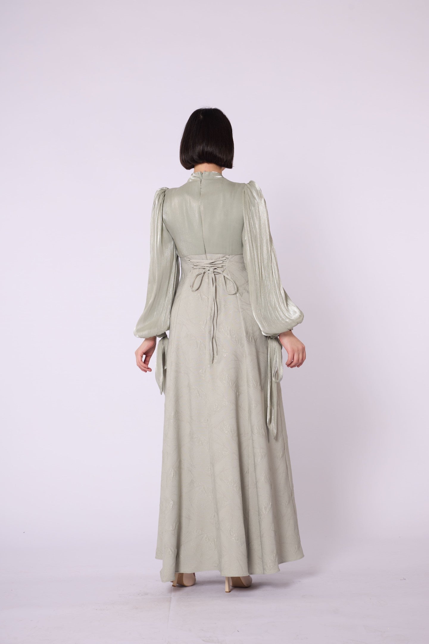 Patterned Embellished Chiffon Sleeve Detail Evening Dress
