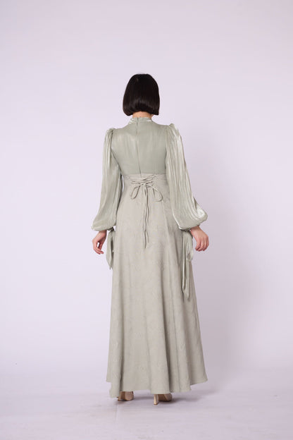 Patterned Embellished Chiffon Sleeve Detail Evening Dress