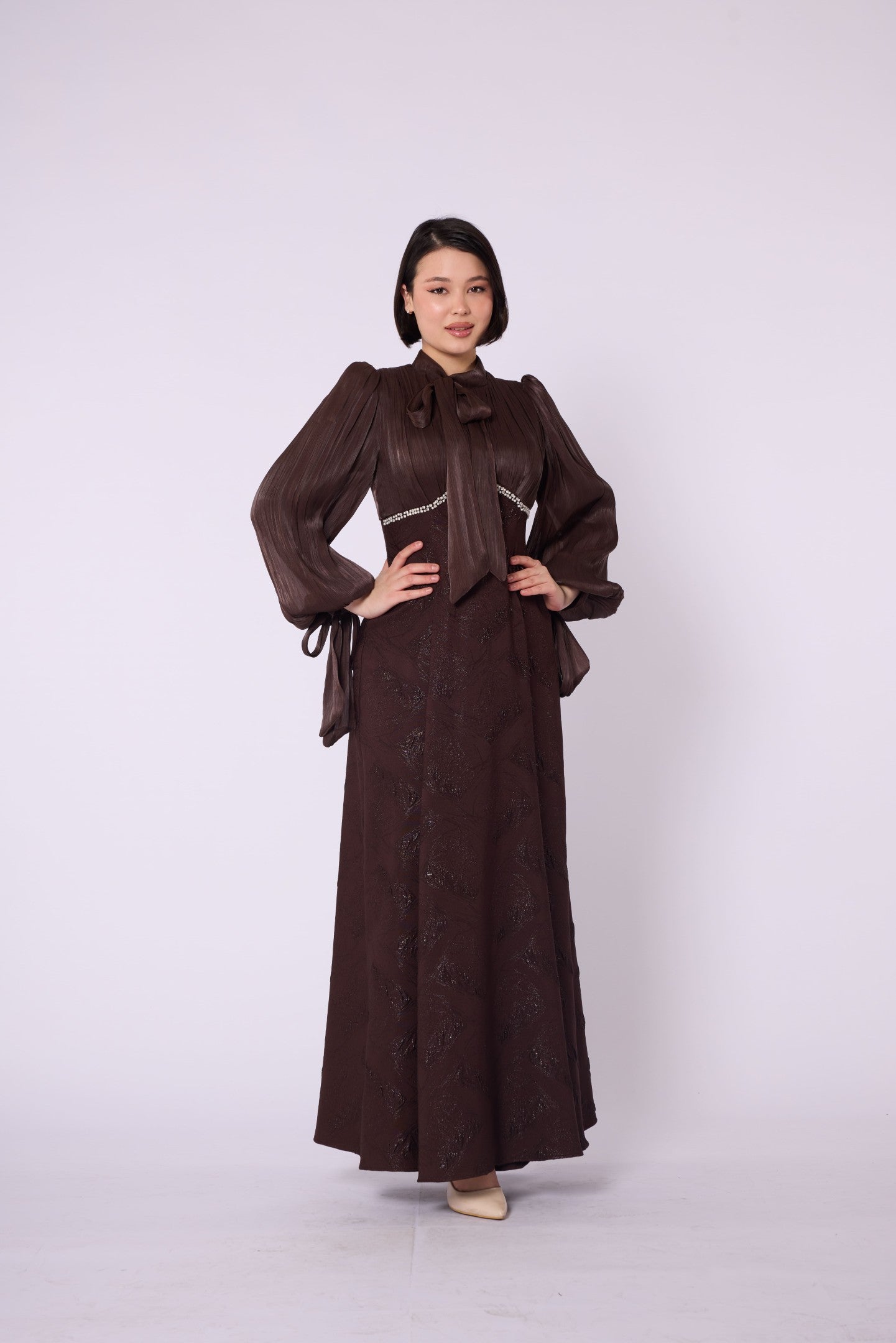 Patterned Embellished Chiffon Sleeve Detail Evening Dress