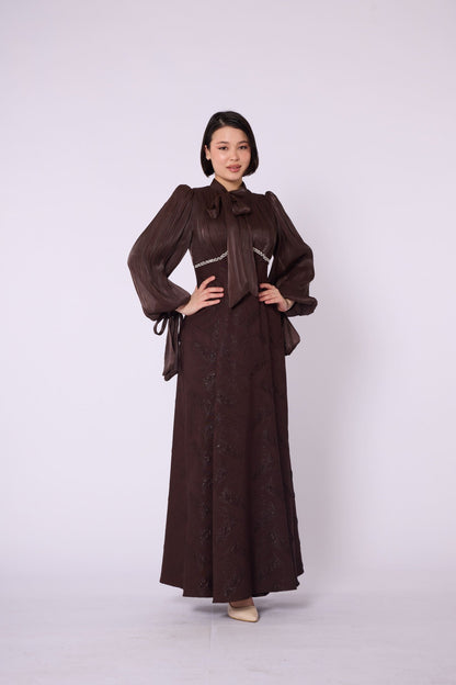 Patterned Embellished Chiffon Sleeve Detail Evening Dress