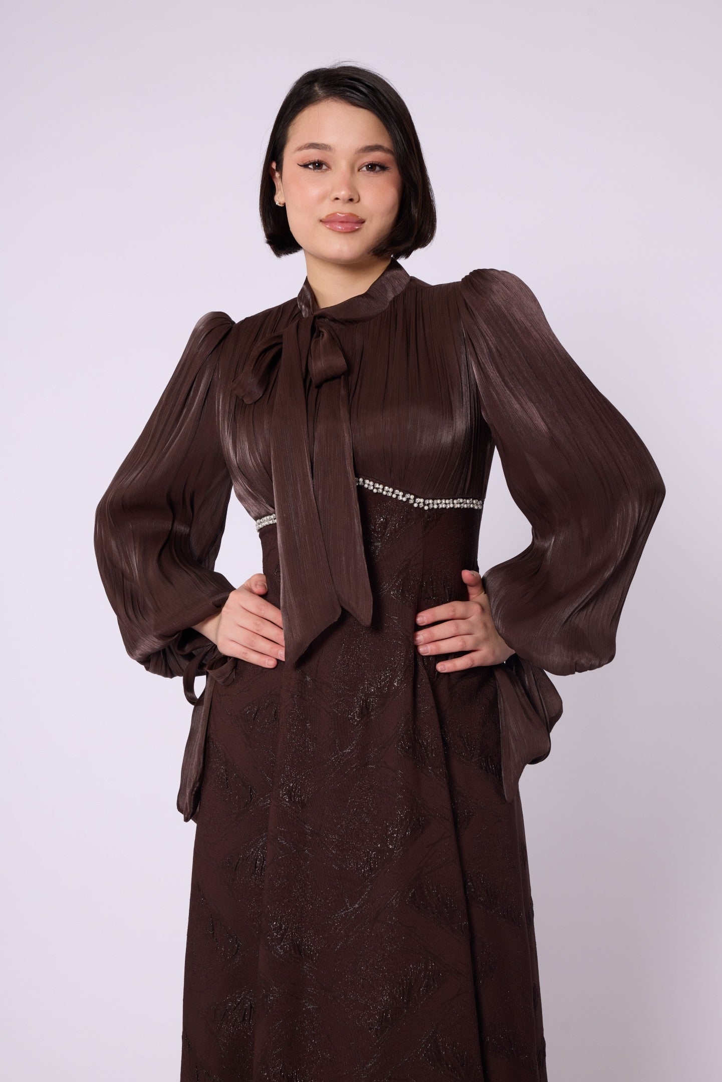 Patterned Embellished Chiffon Sleeve Detail Evening Dress