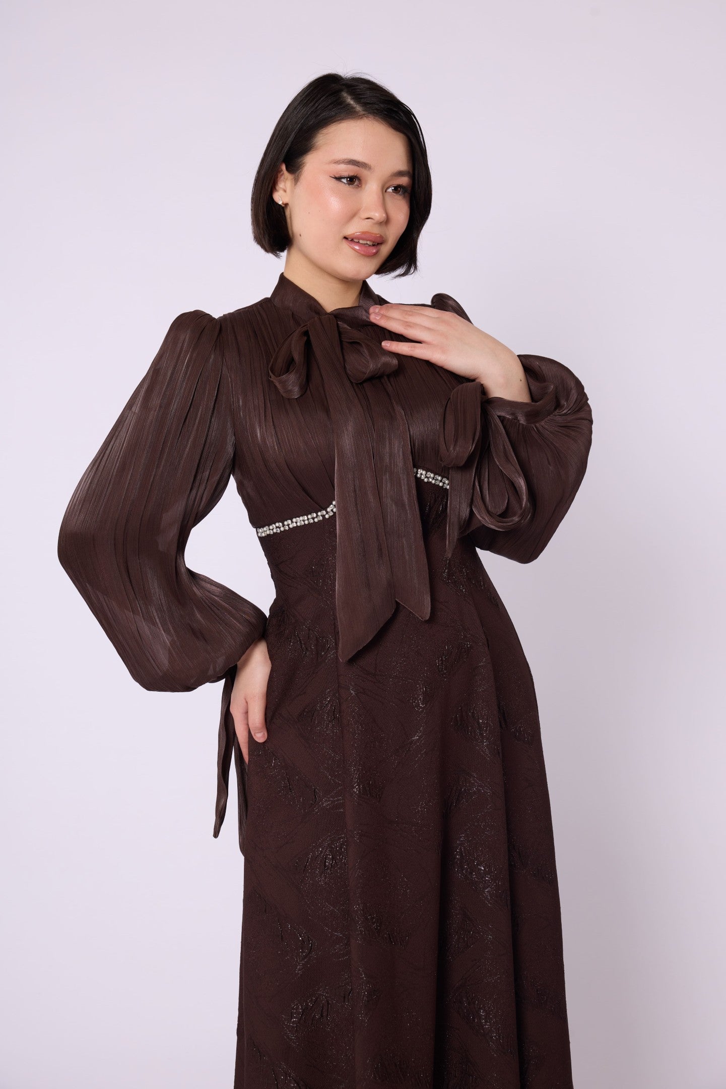 Patterned Embellished Chiffon Sleeve Detail Evening Dress