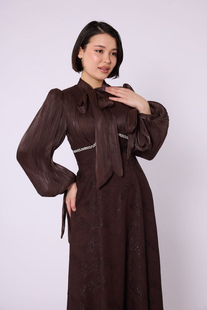 Patterned Embellished Chiffon Sleeve Detail Evening Dress