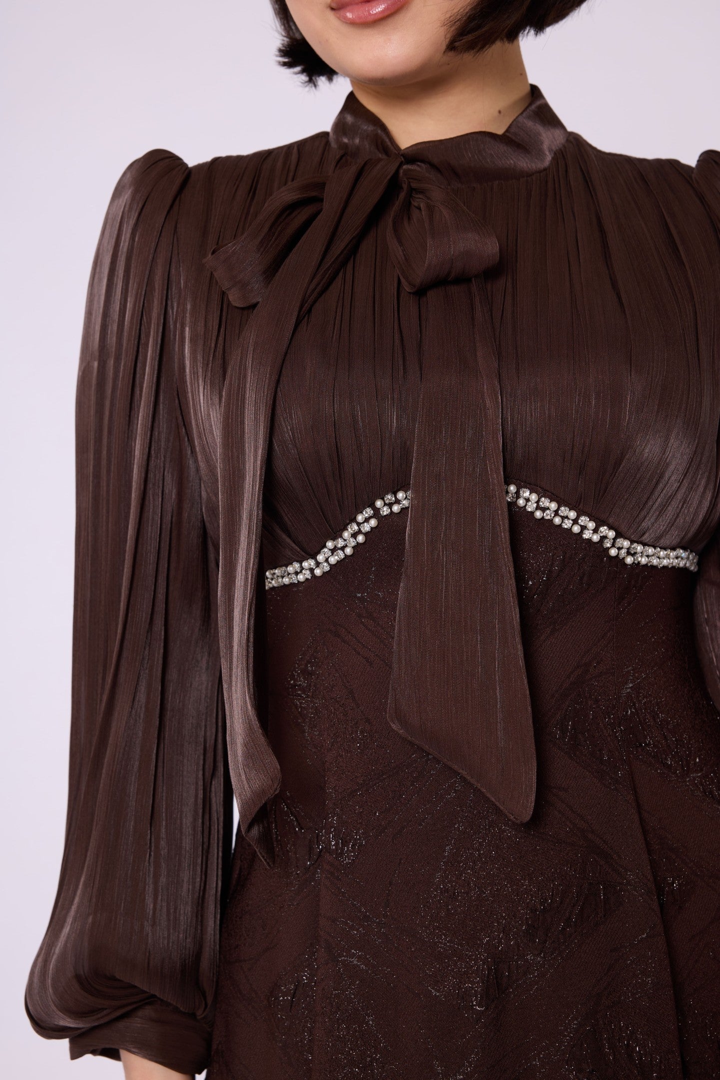 Patterned Embellished Chiffon Sleeve Detail Evening Dress