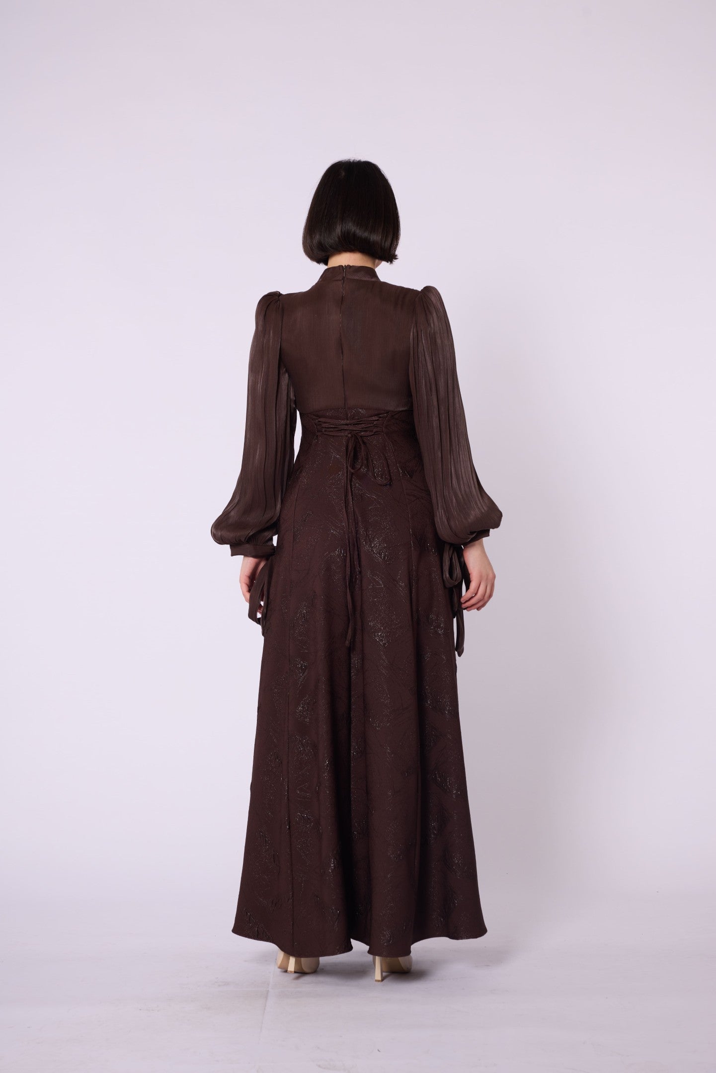 Patterned Embellished Chiffon Sleeve Detail Evening Dress