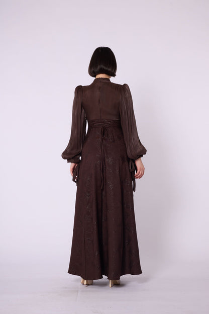 Patterned Embellished Chiffon Sleeve Detail Evening Dress