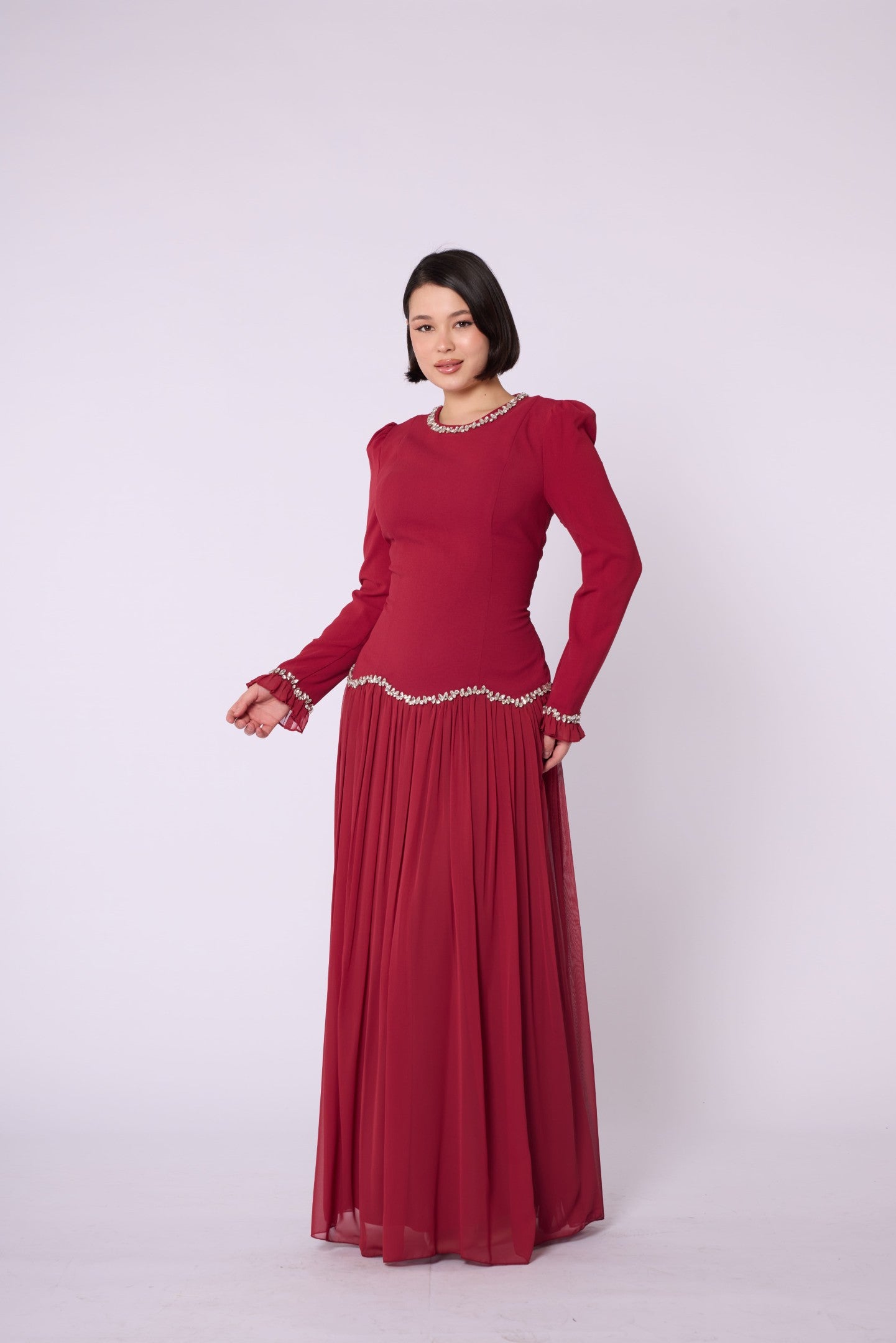 Stone & Tulle Detail Ruched Waist Evening Dress