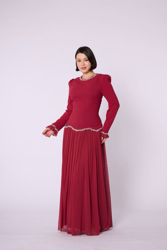Stone & Tulle Detail Ruched Waist Evening Dress