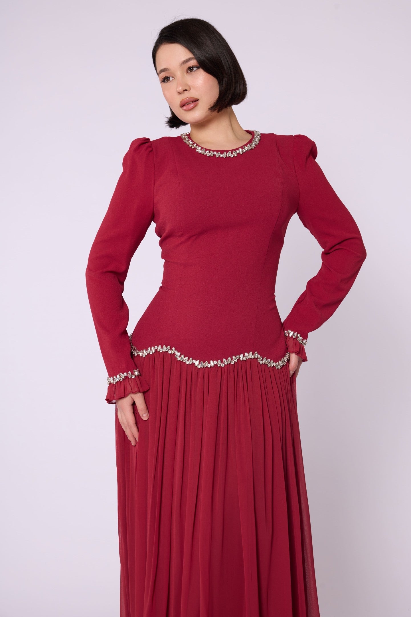 Stone & Tulle Detail Ruched Waist Evening Dress
