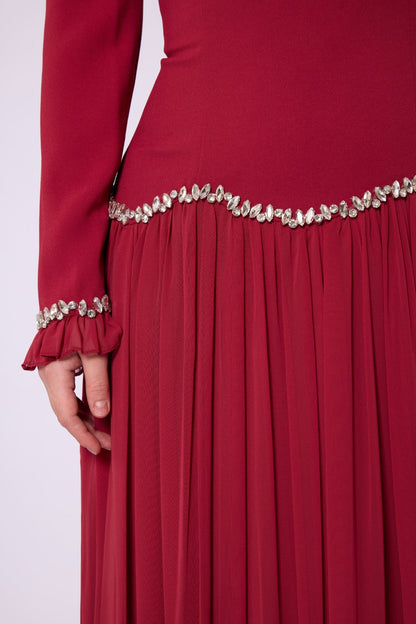 Stone & Tulle Detail Ruched Waist Evening Dress