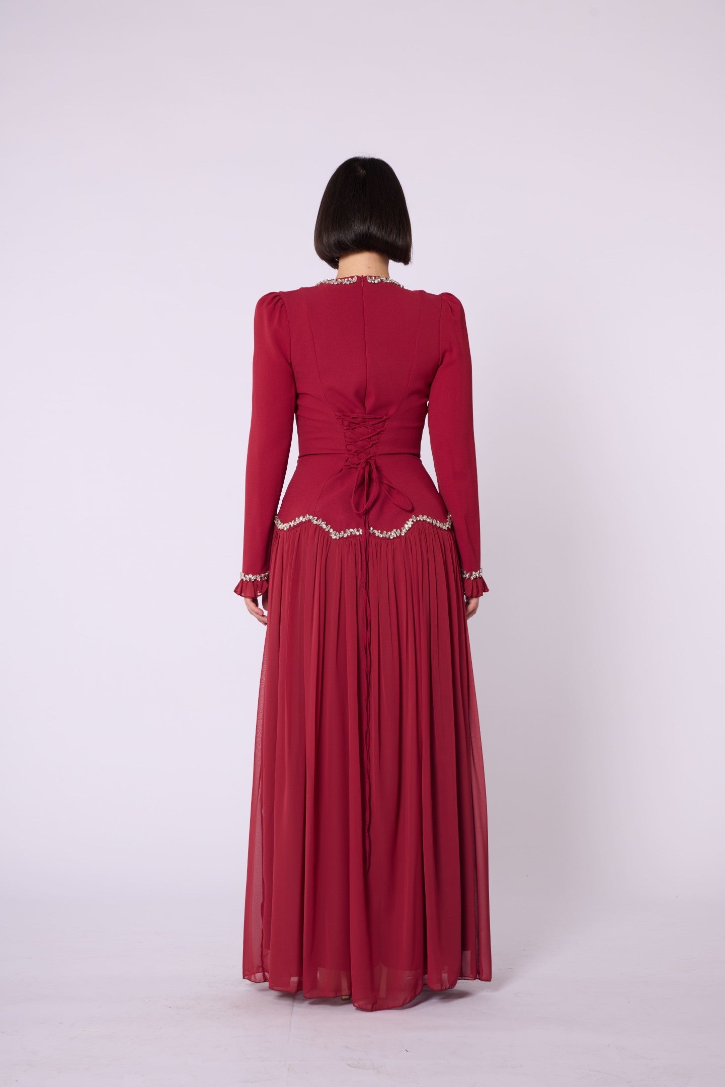 Stone & Tulle Detail Ruched Waist Evening Dress