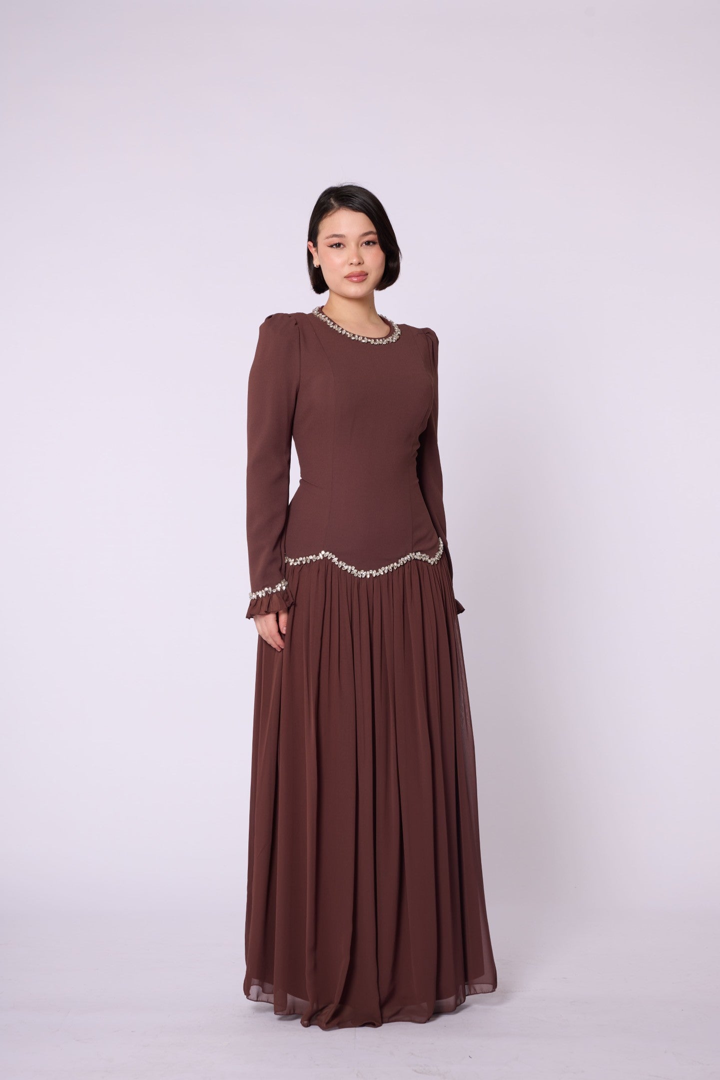 Stone & Tulle Detail Ruched Waist Evening Dress