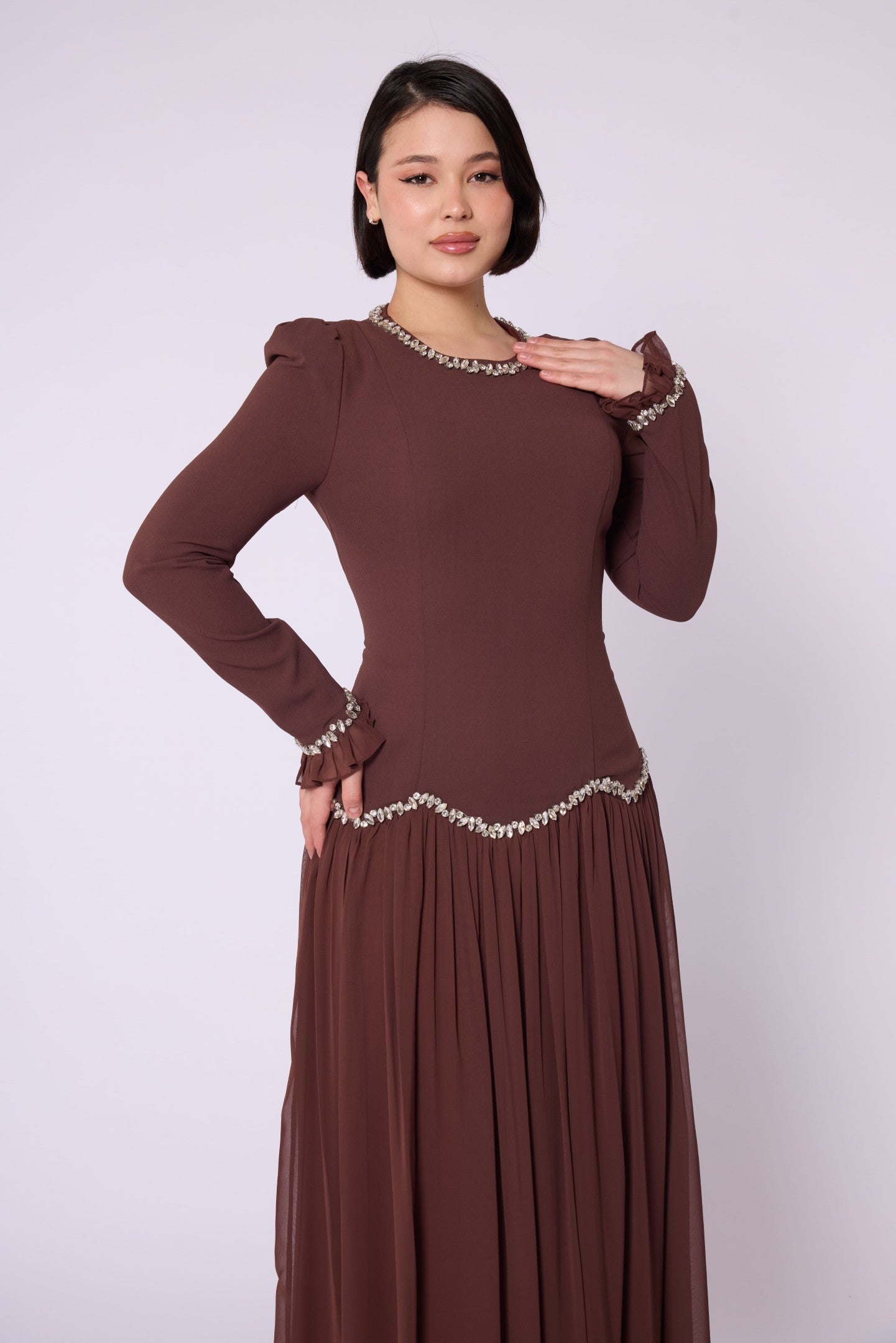 Stone & Tulle Detail Ruched Waist Evening Dress