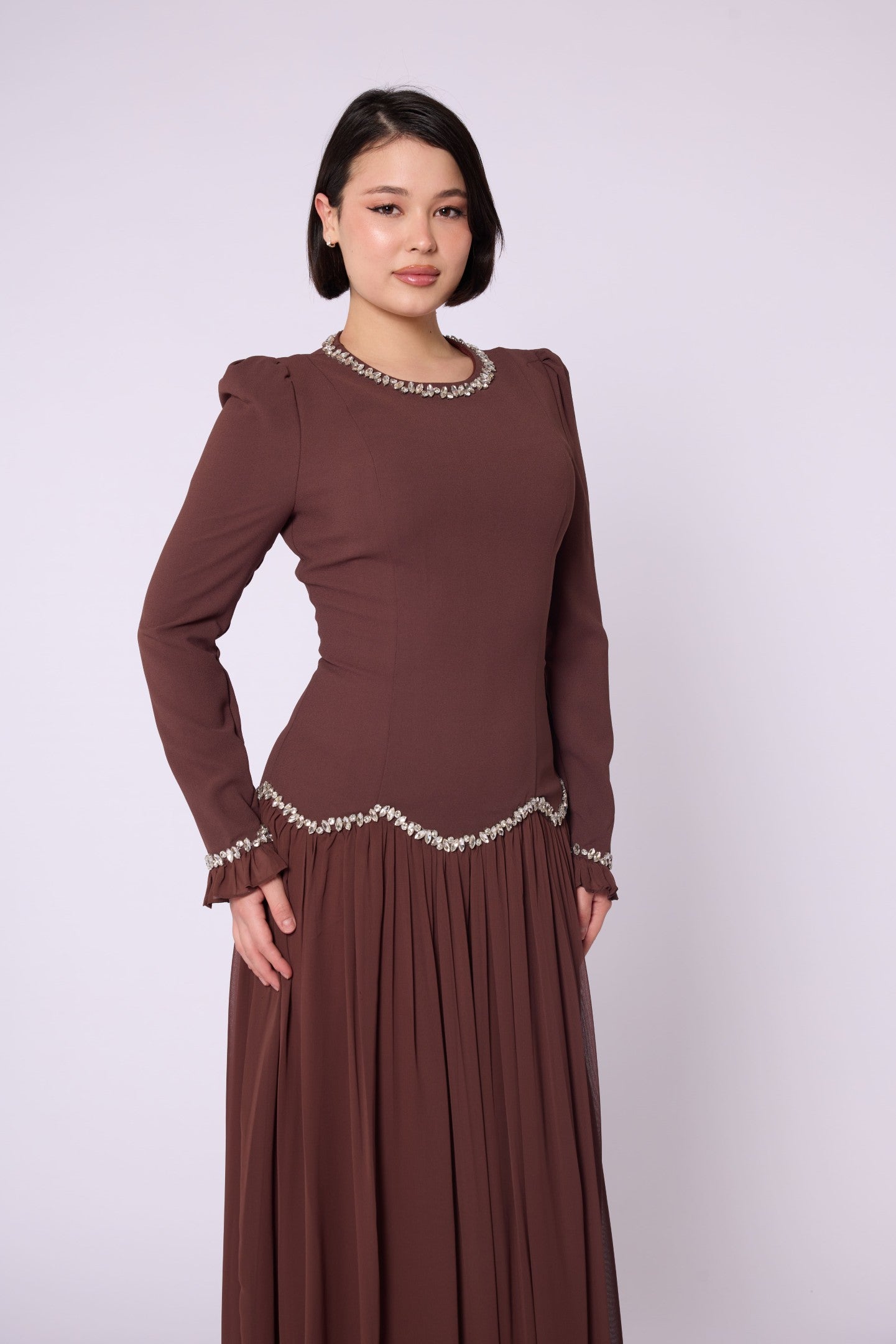 Stone & Tulle Detail Ruched Waist Evening Dress