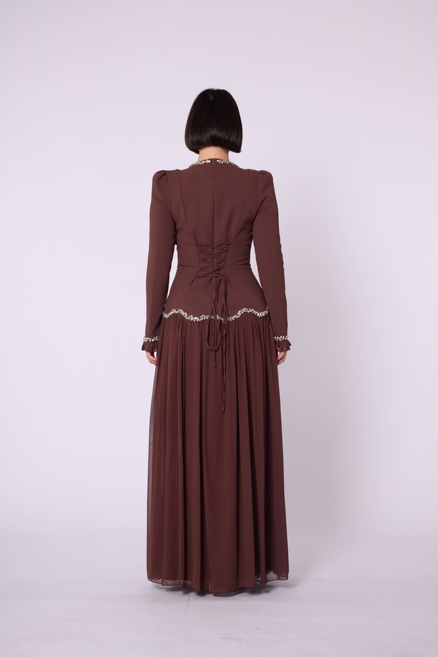Stone & Tulle Detail Ruched Waist Evening Dress