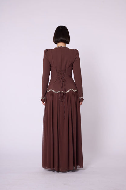 Stone & Tulle Detail Ruched Waist Evening Dress