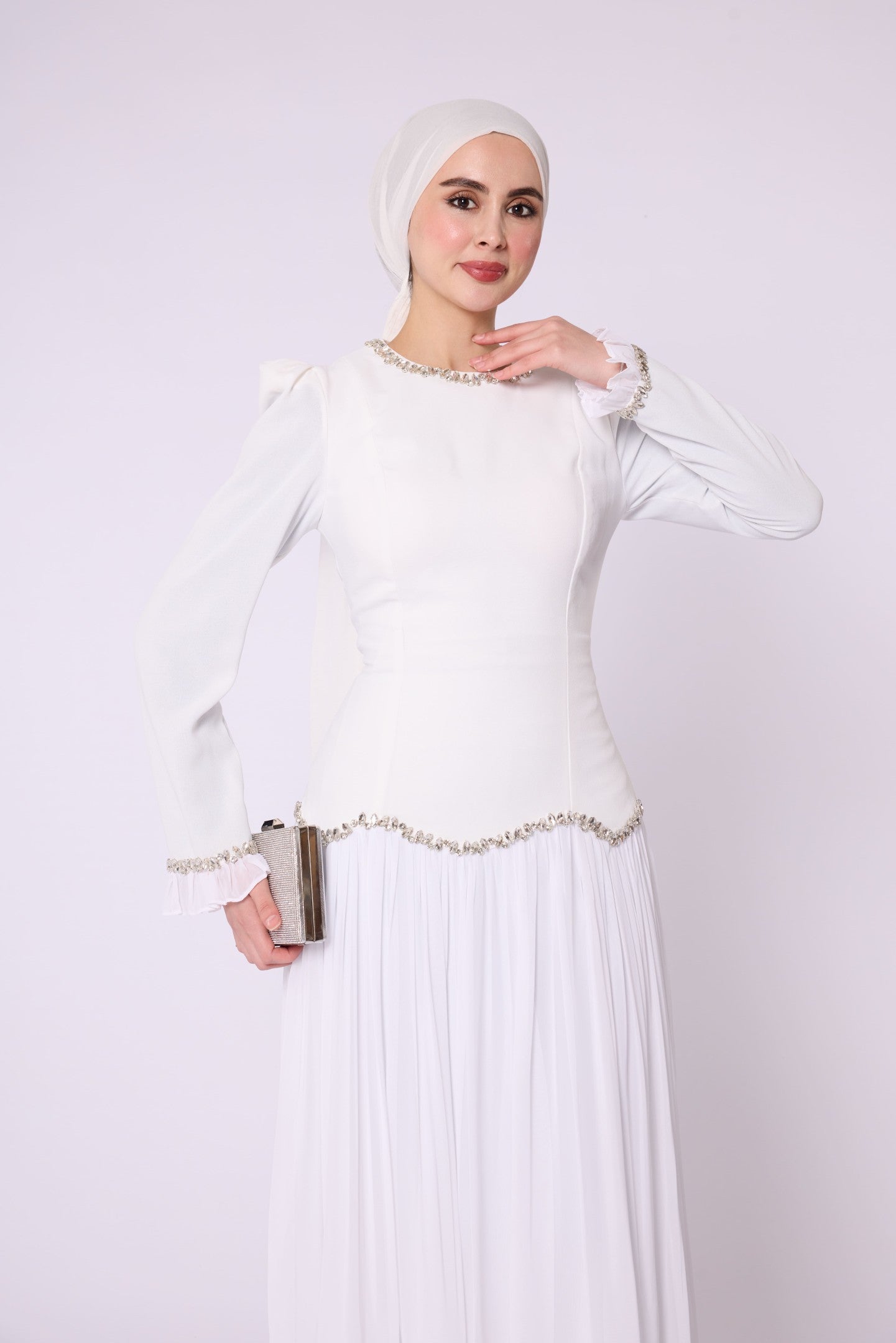 Stone & Tulle Detail Ruched Waist Evening Dress