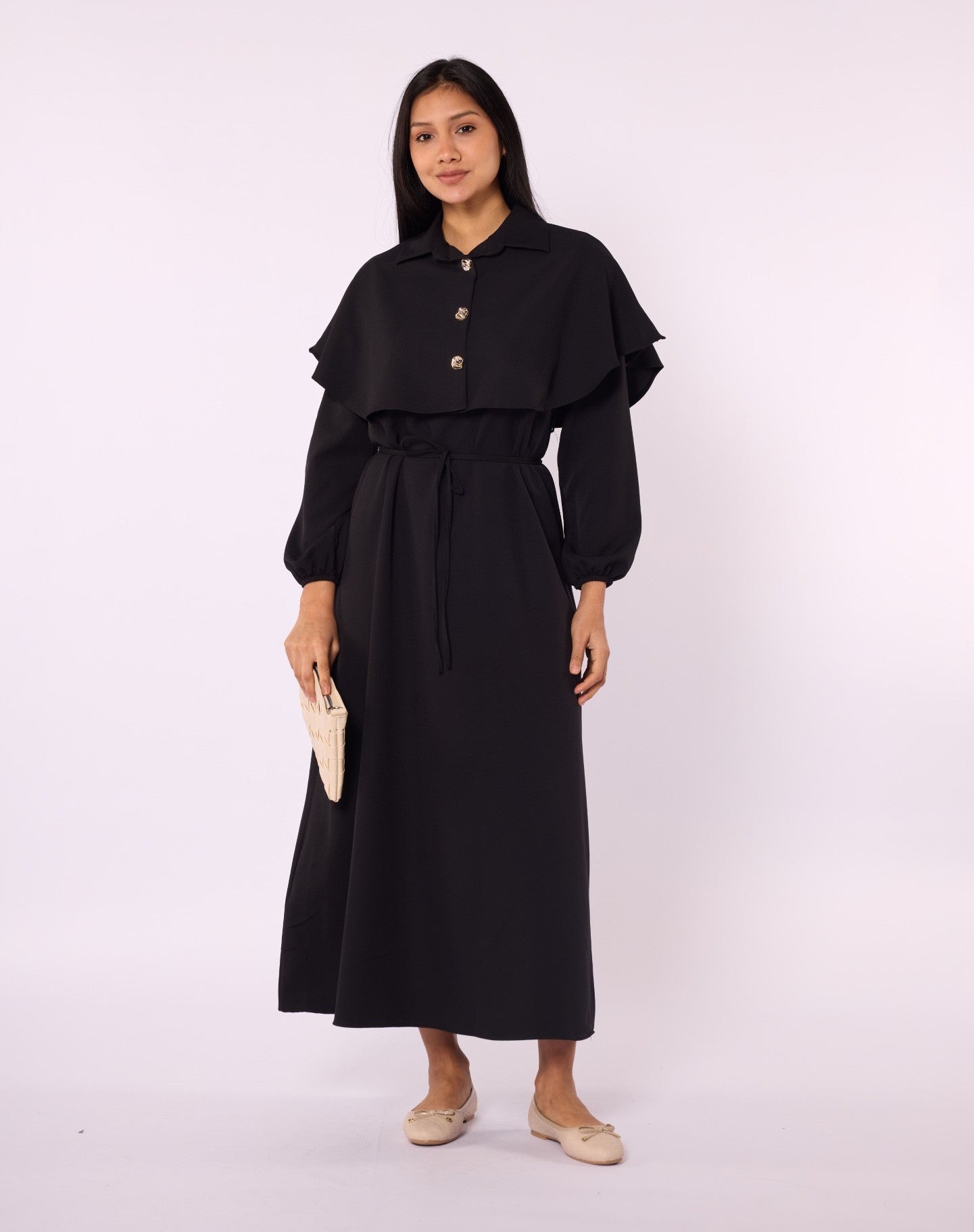 Long Dress with Cape and Tie Detail