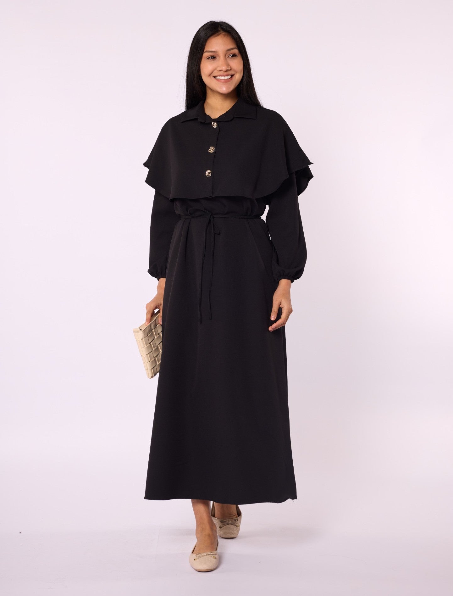 Long Dress with Cape and Tie Detail