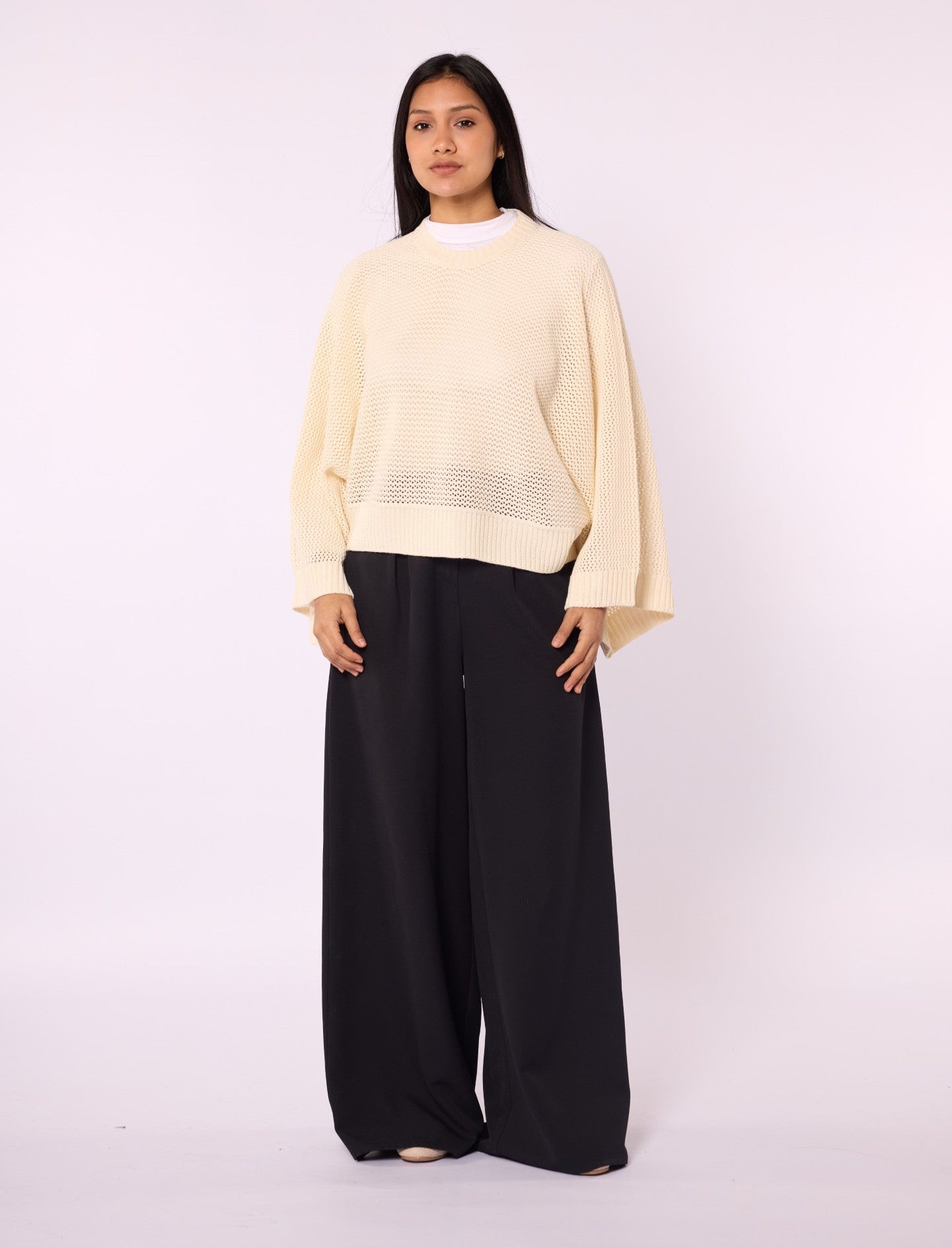 Honeycomb Patterned Batwing Sleeve Knit Blouse