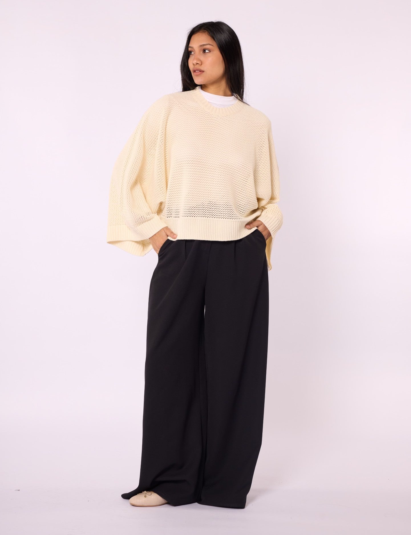 Honeycomb Patterned Batwing Sleeve Knit Blouse