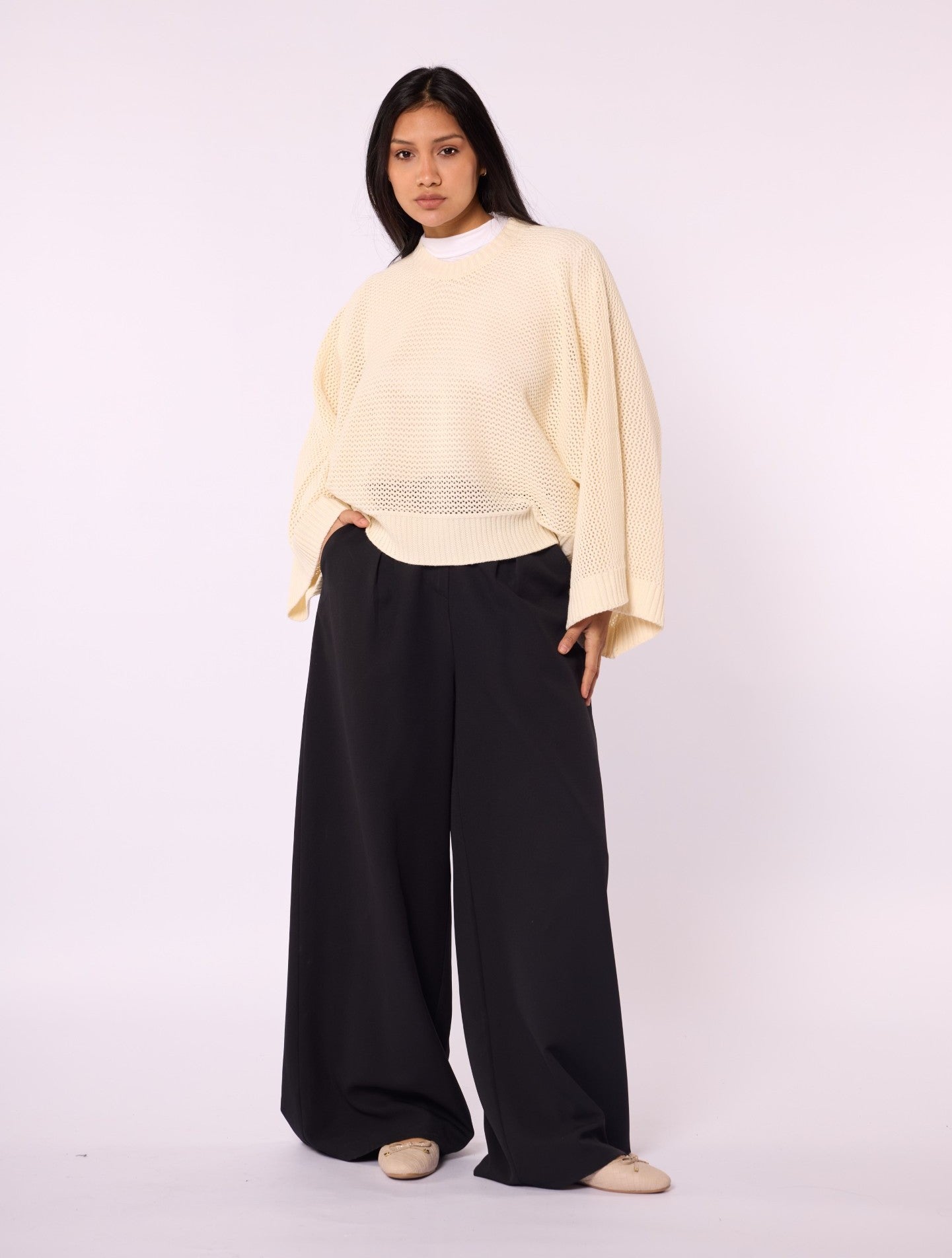 Honeycomb Patterned Batwing Sleeve Knit Blouse