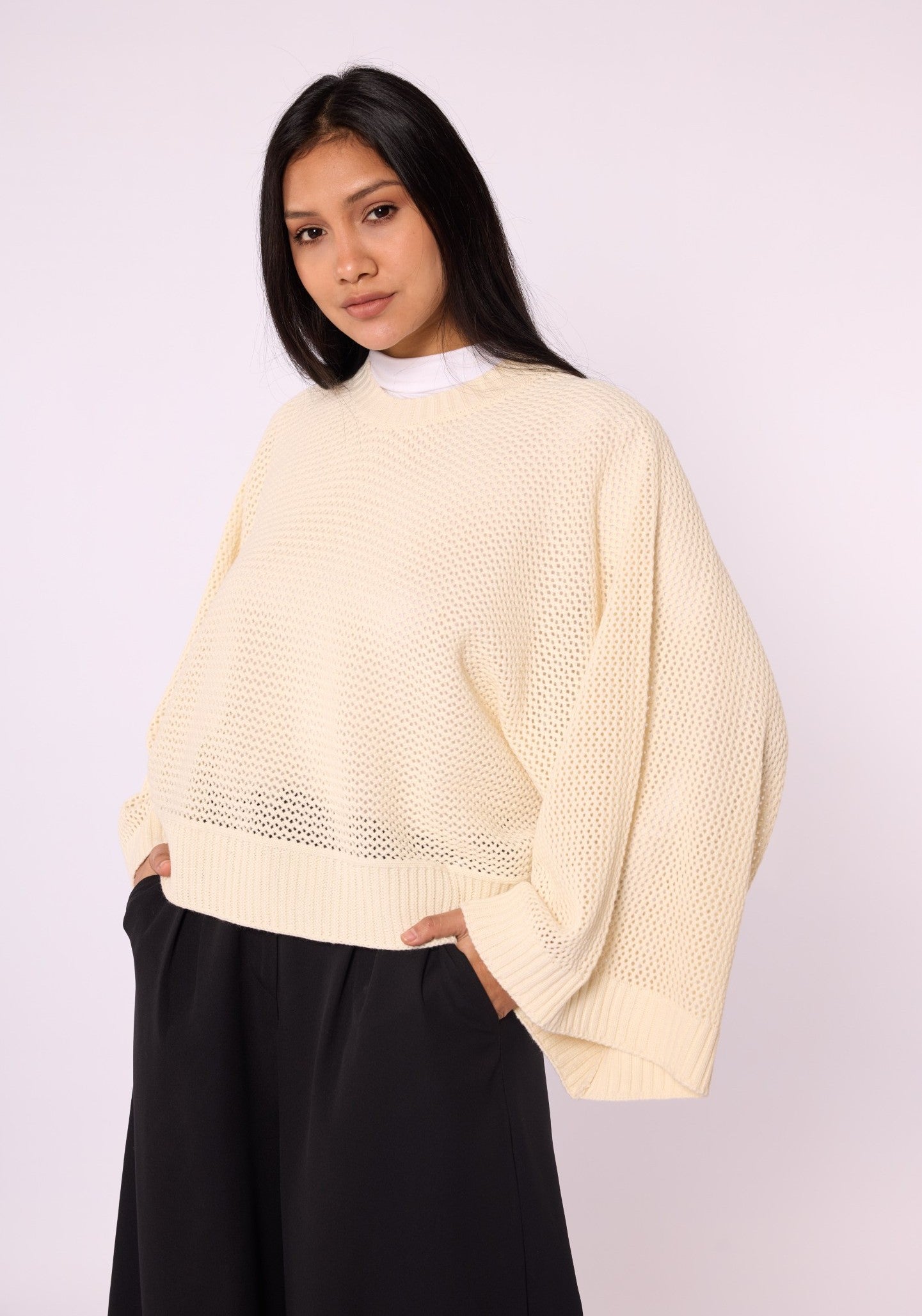 Honeycomb Patterned Batwing Sleeve Knit Blouse