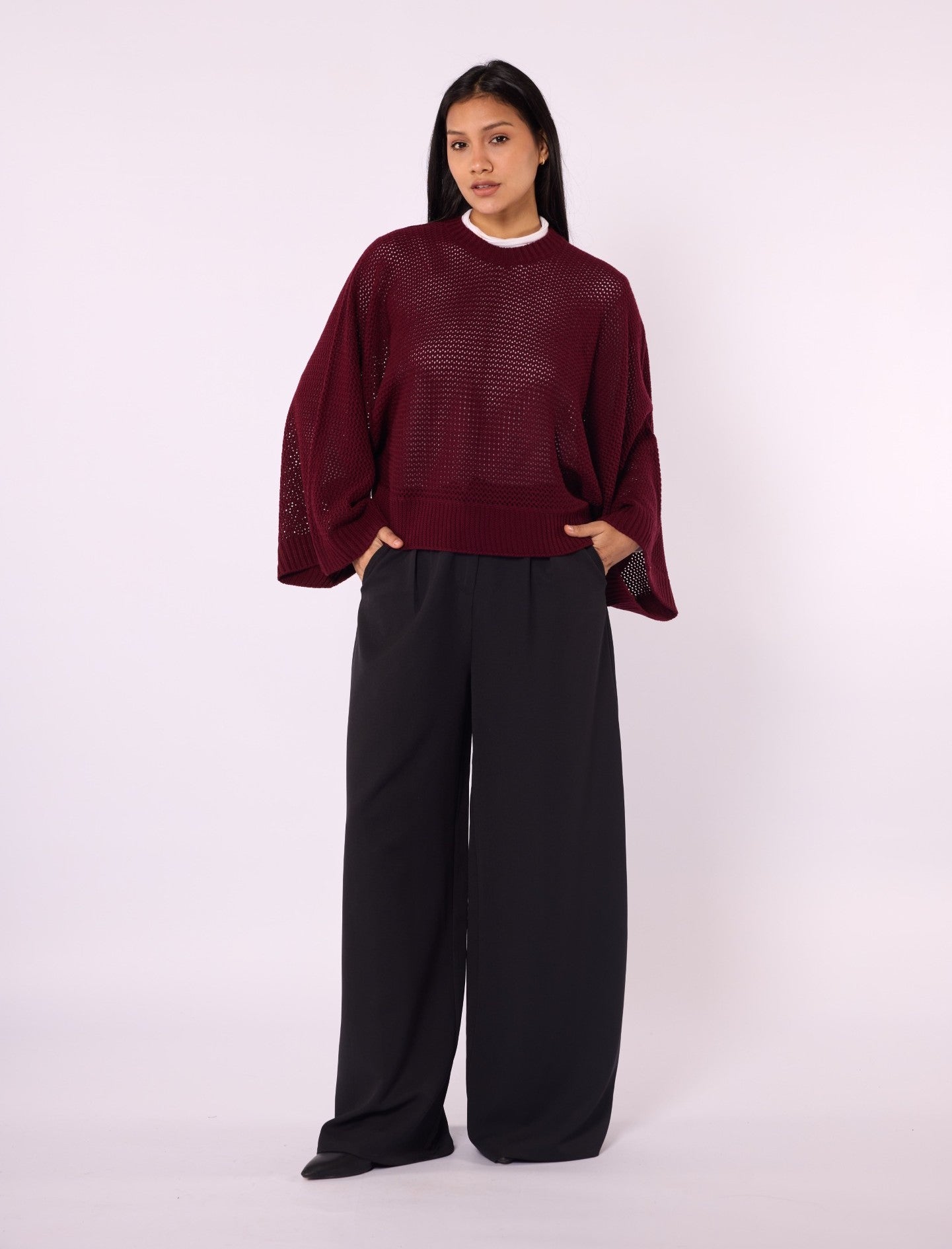 Honeycomb Patterned Batwing Sleeve Knit Blouse