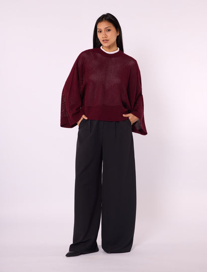 Honeycomb Patterned Batwing Sleeve Knit Blouse