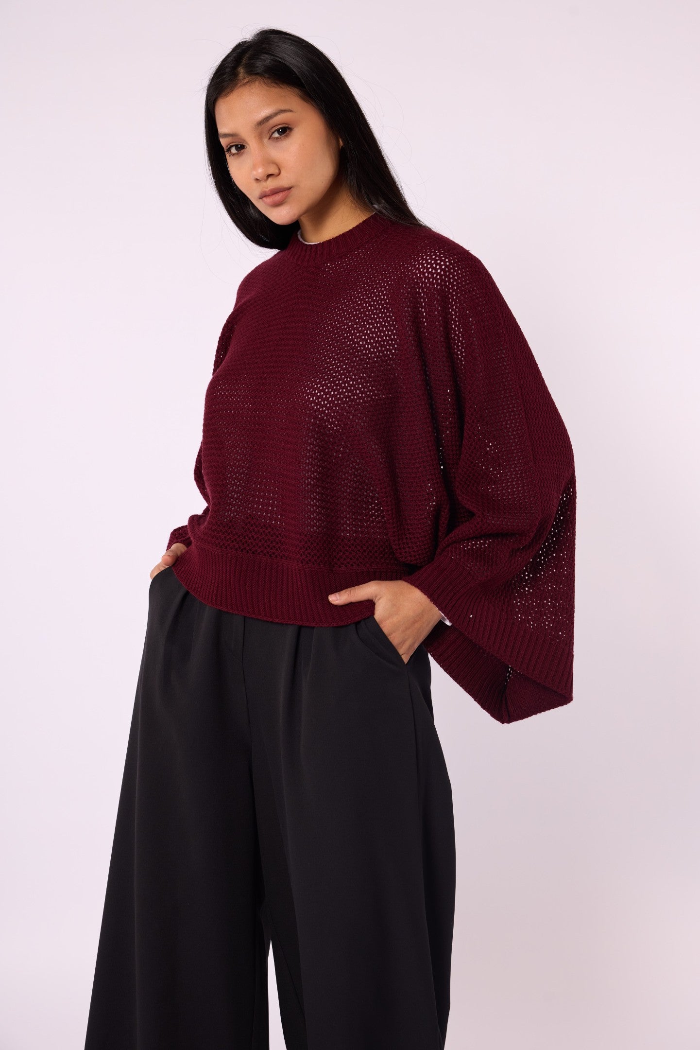 Honeycomb Patterned Batwing Sleeve Knit Blouse