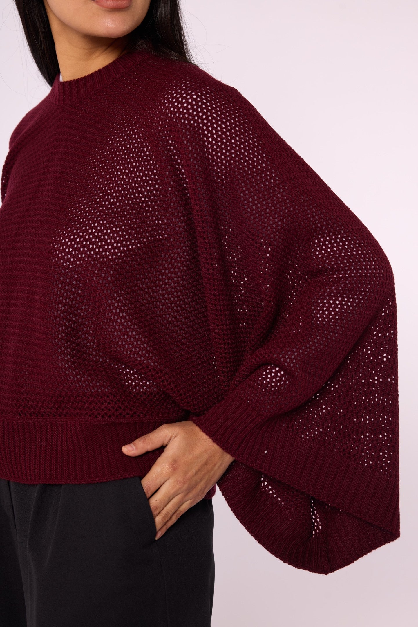 Honeycomb Patterned Batwing Sleeve Knit Blouse