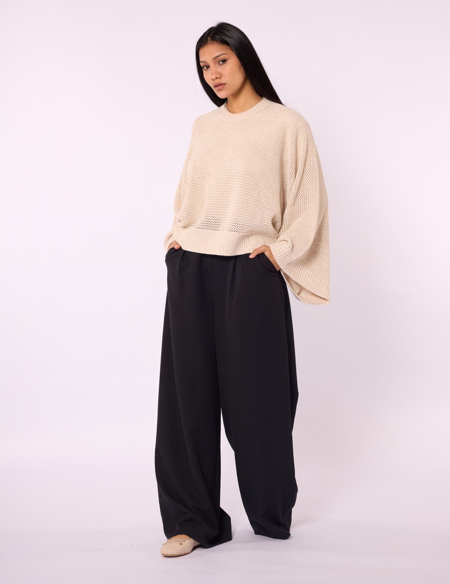 Honeycomb Patterned Batwing Sleeve Knit Blouse